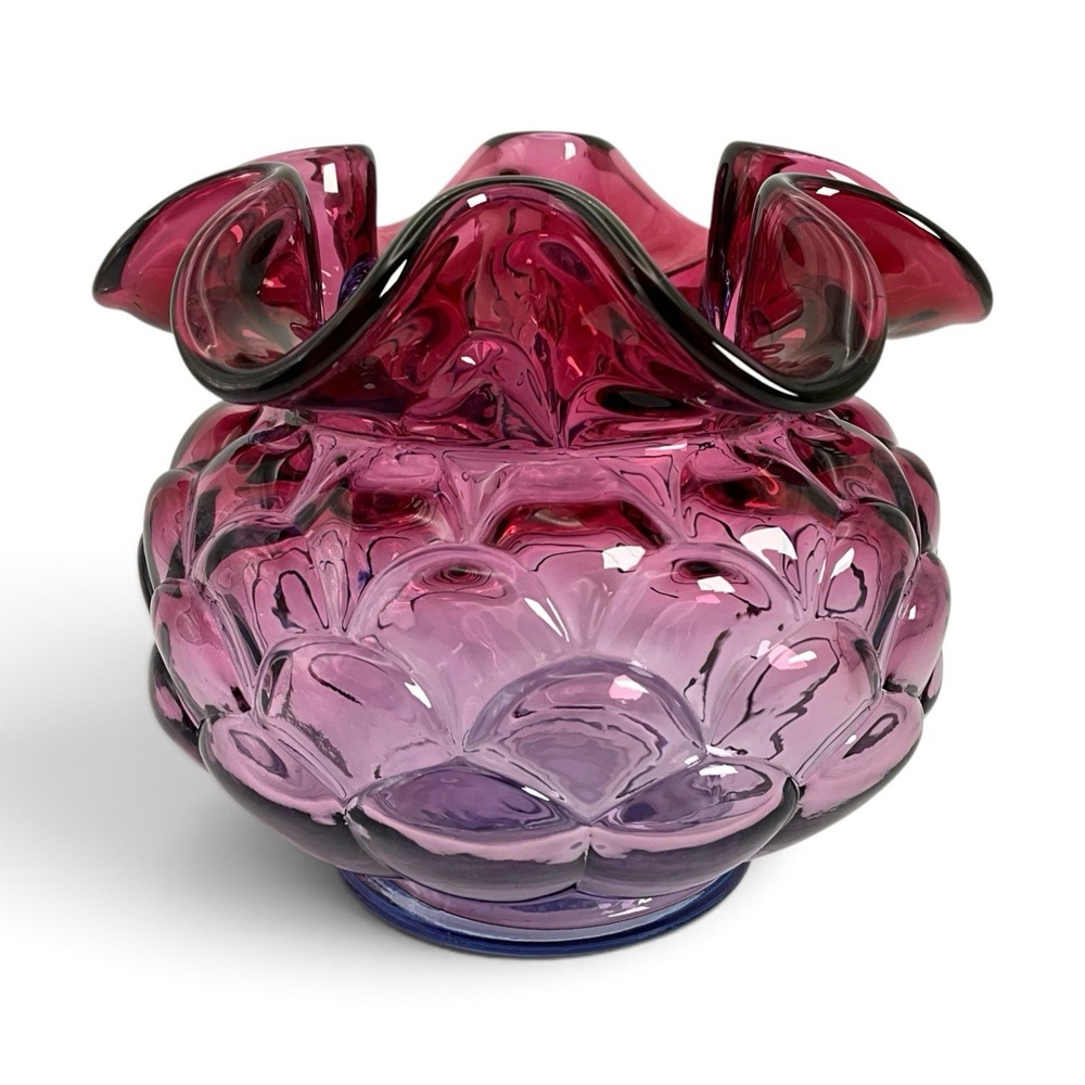 Fenton Mulberry Jacqueline Art Glass Vase Ruffled Rose Bowl Fish Scale Pattern